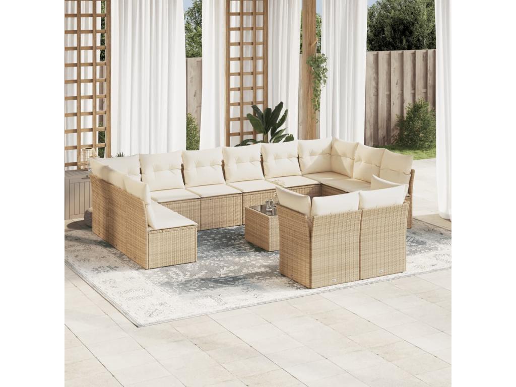Set of 13 Outdoor Patio Sets with Cushions - Beige Resin, W 21.7 x D 21.7 x H 14.6 in
