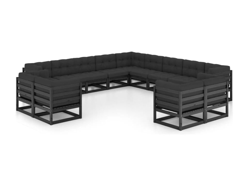 Set of 13 Outdoor Patio Sets with Cushions - Black Wood, W 27.6 x D 27.6 x H 26.4 in