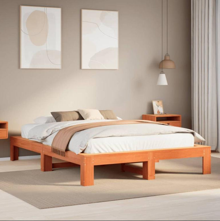 Bed Frame with Mattress - Brown Wood, W 87.2 x D 63.6 x H 12.4 in