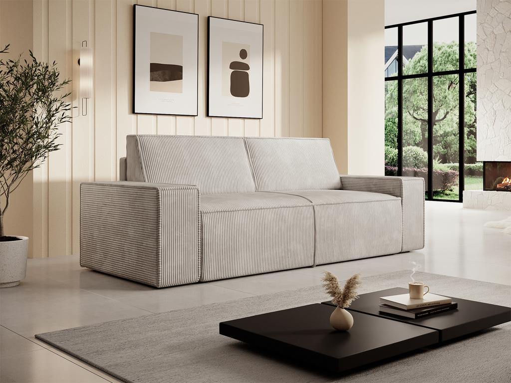 Sofa - Beige Polyester Fabric, Velvet, W 90.6 x D 37.4 x H 33.1 in