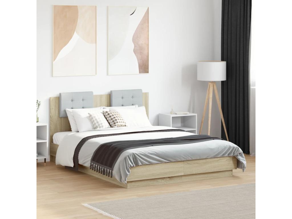 Bed Frame with Headboard - Brown Engineered Wood, W 76 x D 56.3 x H 33.1 in