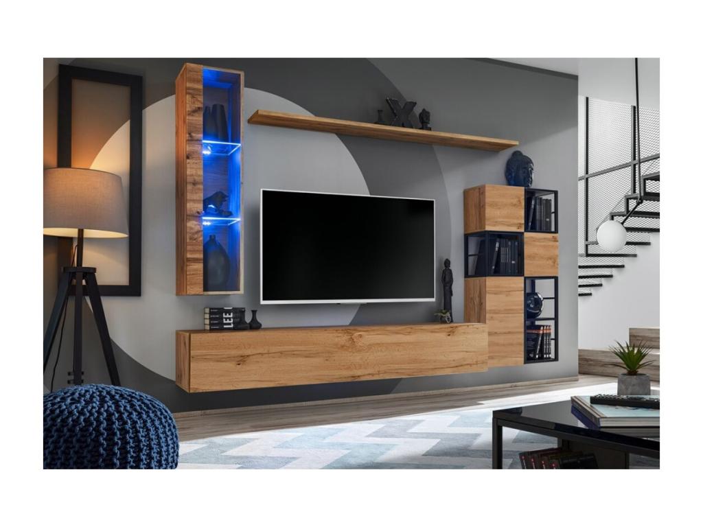 Display Cabinet with LED - Brown Wood, W 11.8 x D 11.8 x H 47.2 in