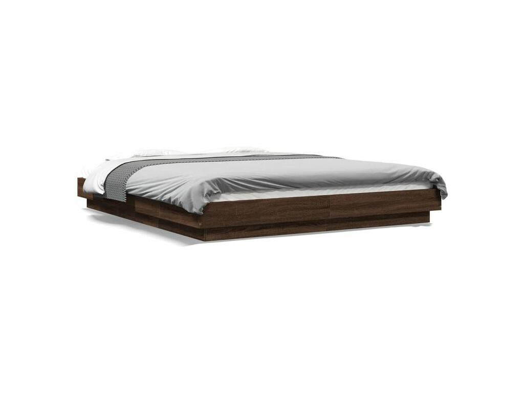Bed with LED - Brown Wood, W 83.5 x D 67.1 x H 9.1 in