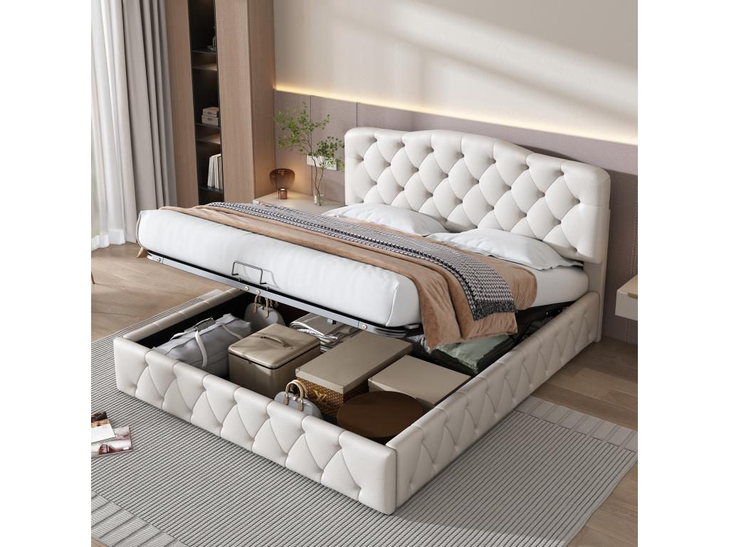 Bed - White Wood, W 79.9 x D 56.7 x H 40.9 in