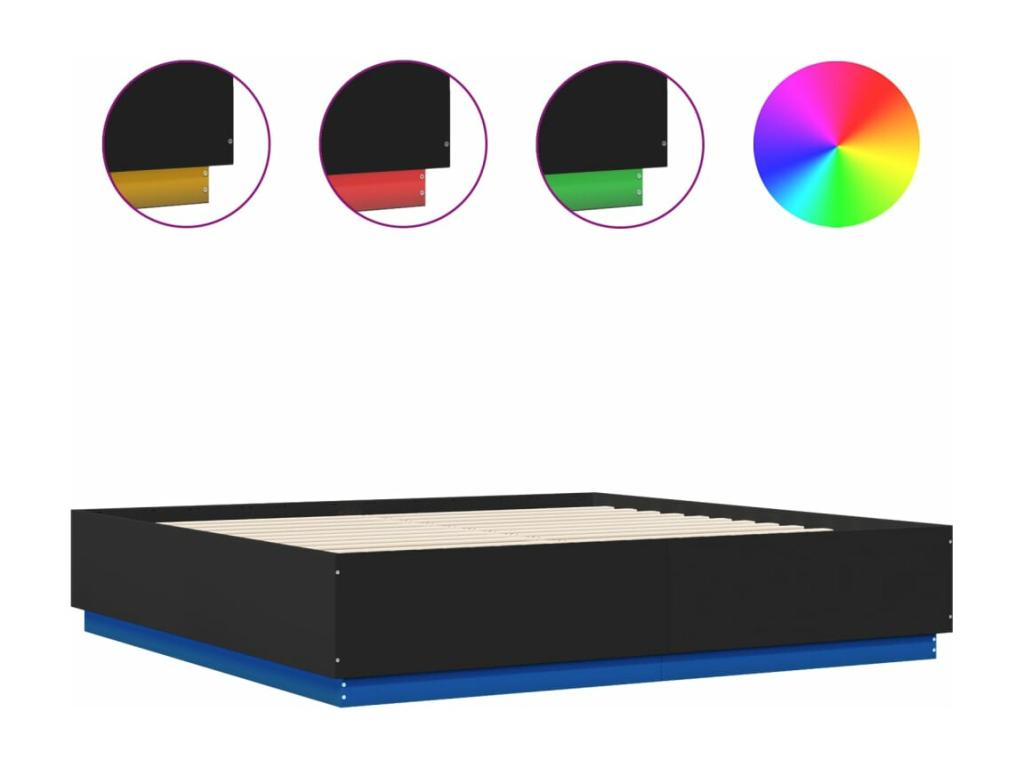 Bed with LED - Black Engineered Wood, W 79.9 x D 80.1 x H 15.7 in