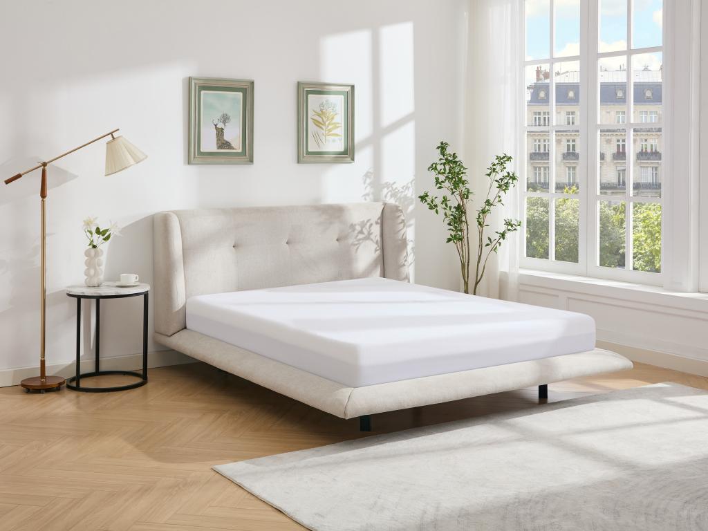 Bed - Beige Polyester Fabric, W 69.3 x D 86.2 x H 40.6 in