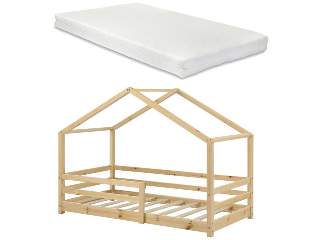 Bed Frame with Mattress - Natural Wood, W 80.7 x D 38.2 x H 53.5 in