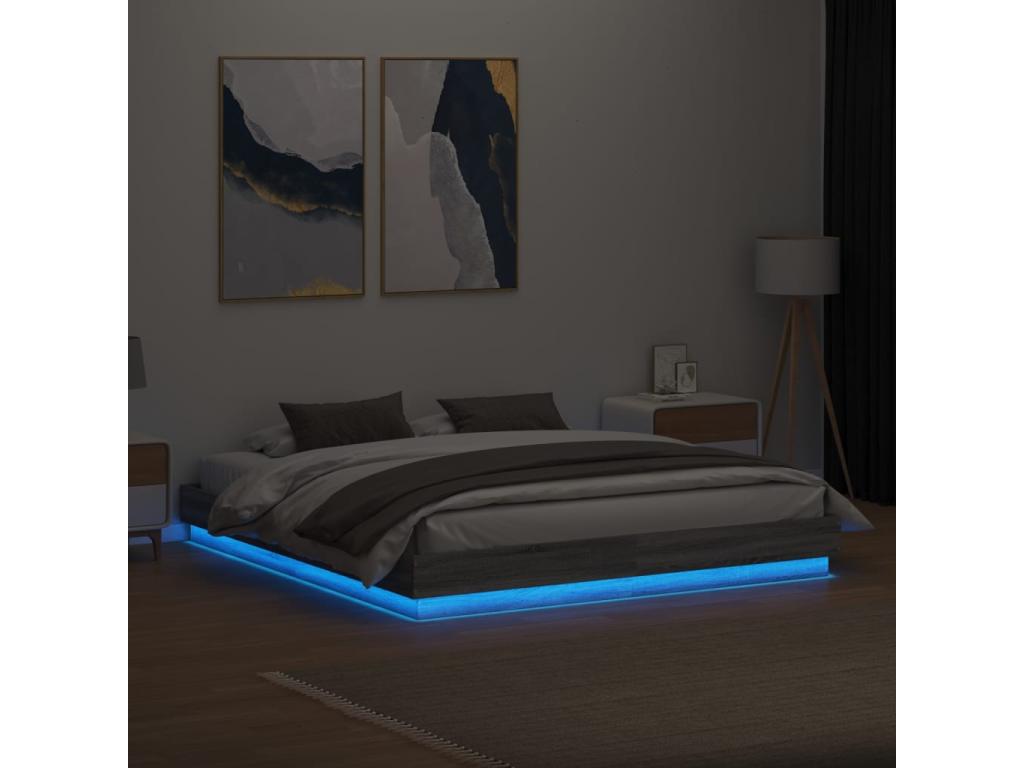 Bed with LED - Gray Wood, W 79.9 x D 72 x H 9.1 in