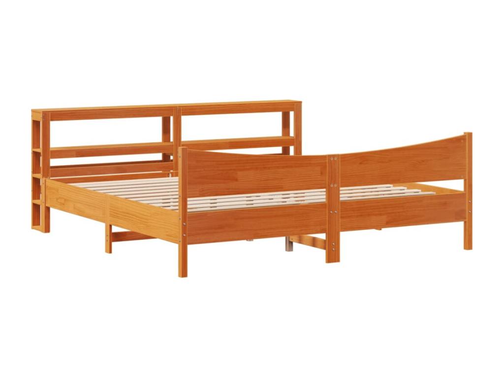 Bed Frame with Headboard - Brown Wood, W 88.4 x D 81.1 x H 32.3 in