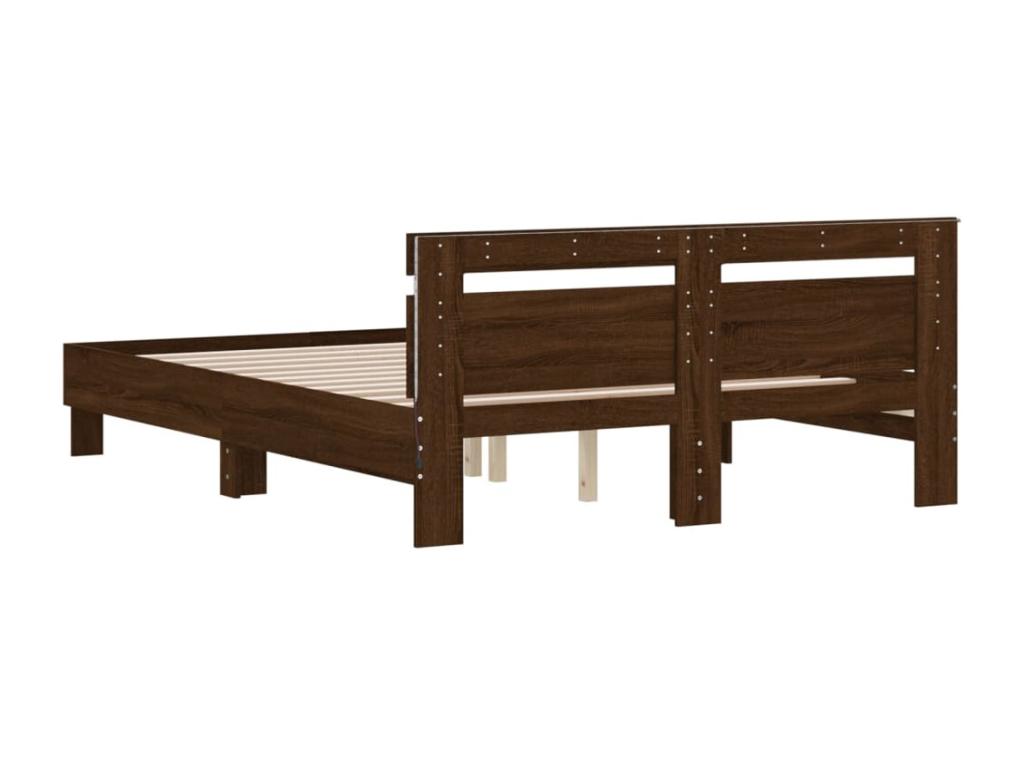 Bed Frame with Headboard with LED - Brown Engineered Wood, W 79.9 x D 57.1 x H 27.6 in