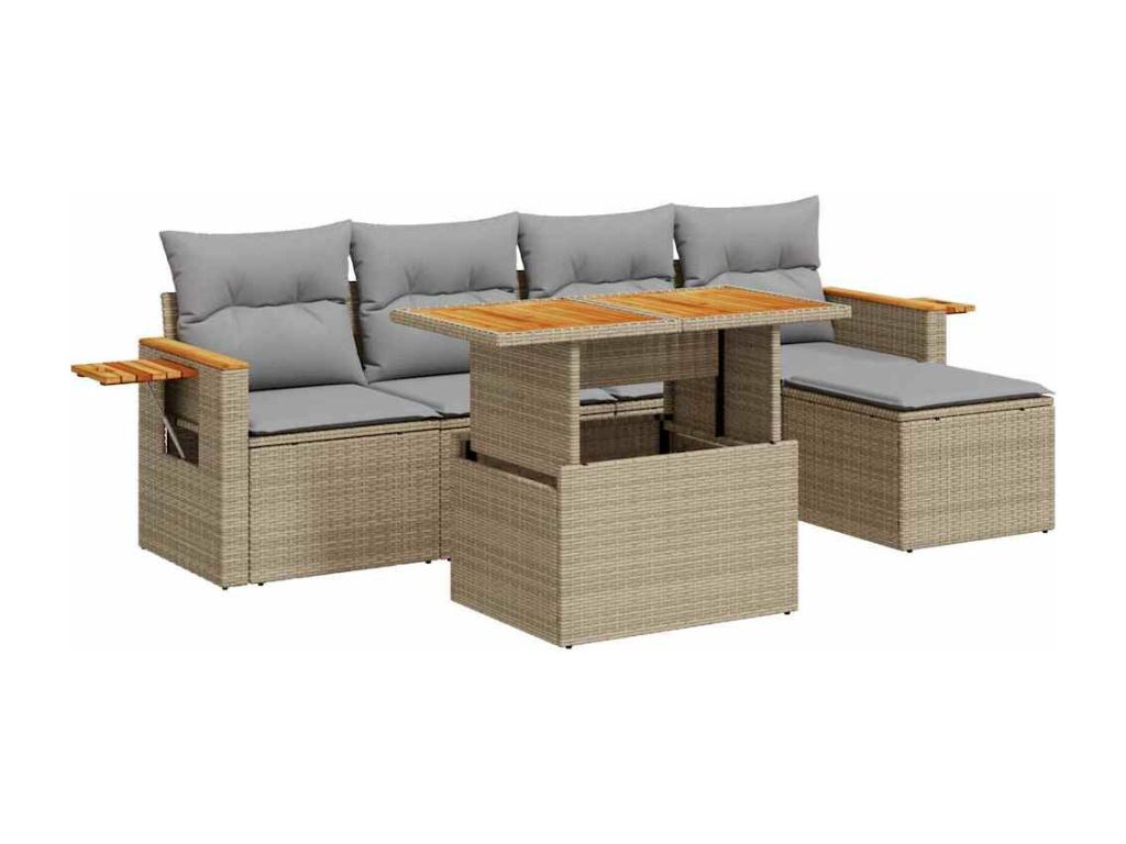 6-Piece Outdoor Patio Set with Cushions - Brown Polyester Fabric, W 70.5 x D 24.4 x H 27.2 in