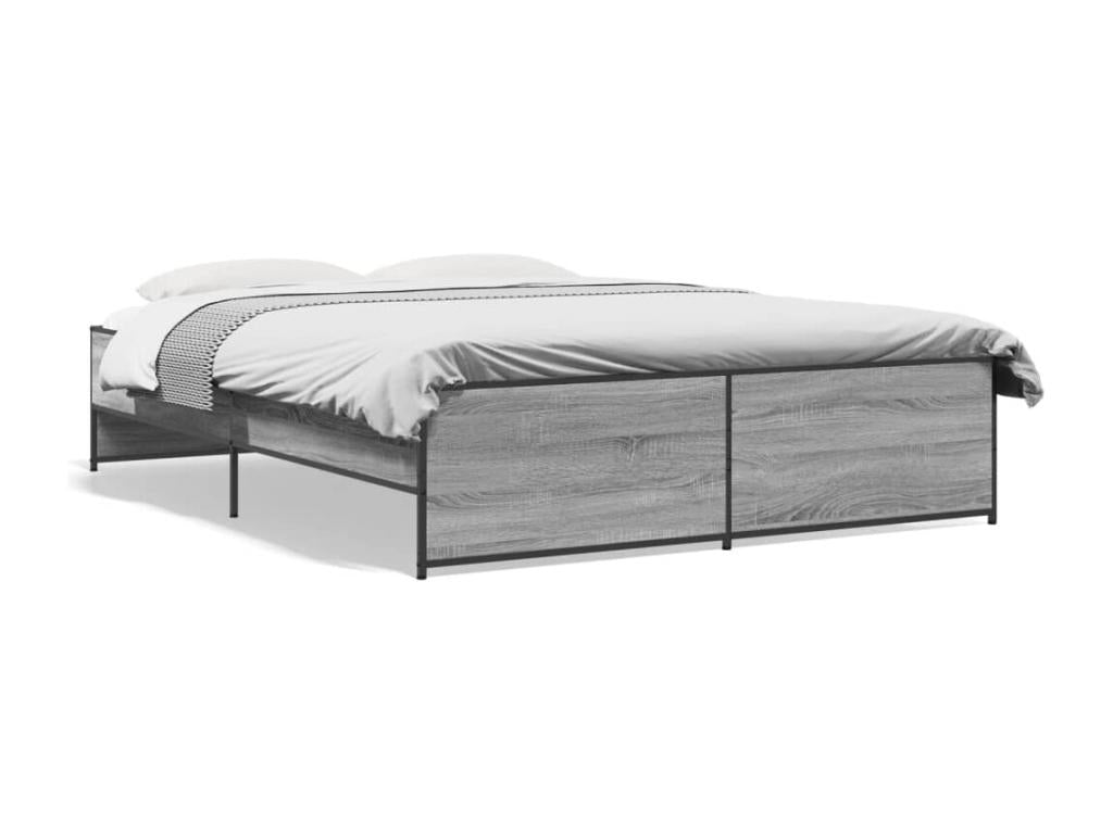 Bed Frame with Mattress - Gray Wood, W 79.9 x D 56.3 x H 15.9 in