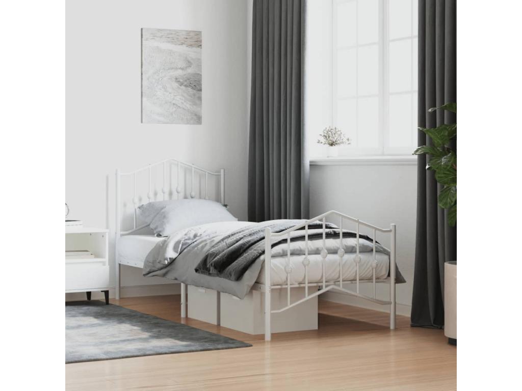 Bed Frame with Headboard - White Steel, W 77.2 x D 37.4 x H 38.6 in