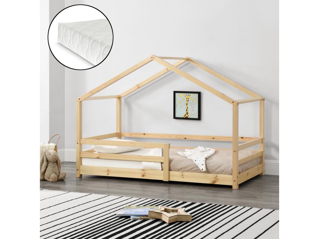 Bed Frame with Mattress - Natural Wood, W 80.7 x D 38.2 x H 53.5 in