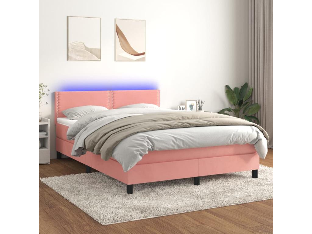 Bed Frame with Mattress with LED - Pink Velvet, W 79.9 x D 56.7 x H 34.6 in