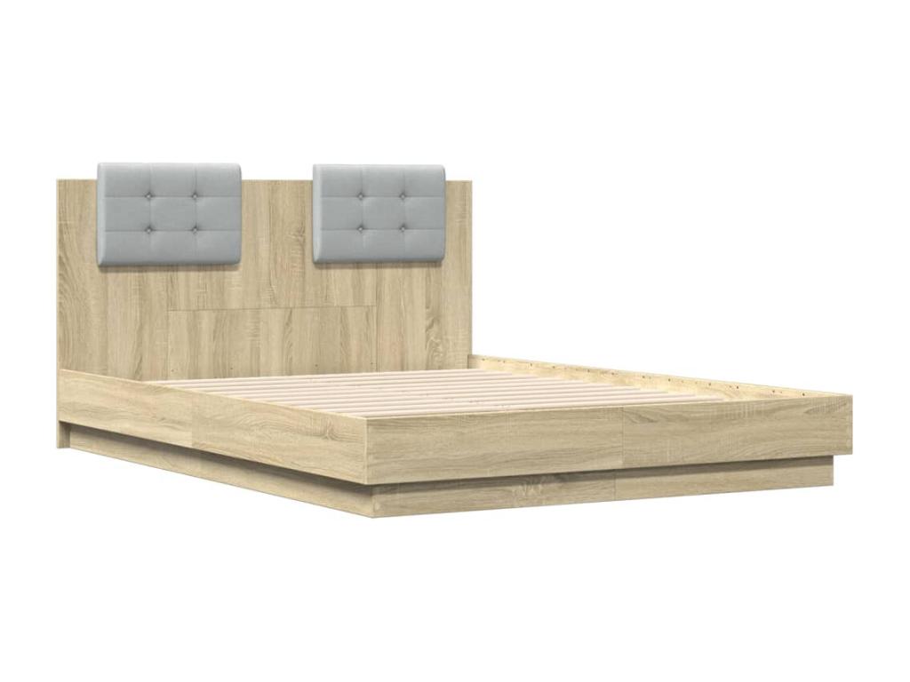 Bed Frame with Headboard - Brown Engineered Wood, W 76 x D 56.3 x H 33.1 in