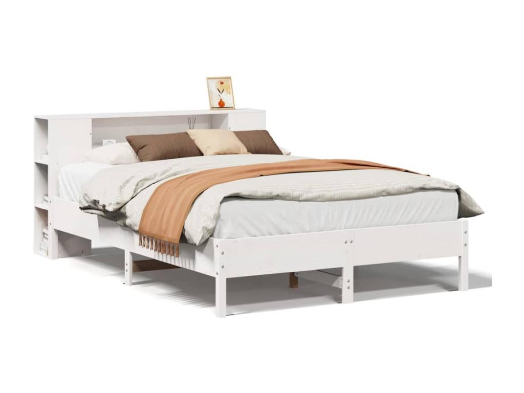Bed Frame with Mattress - White Wood, W 90.4 x D 61.4 x H 32.3 in