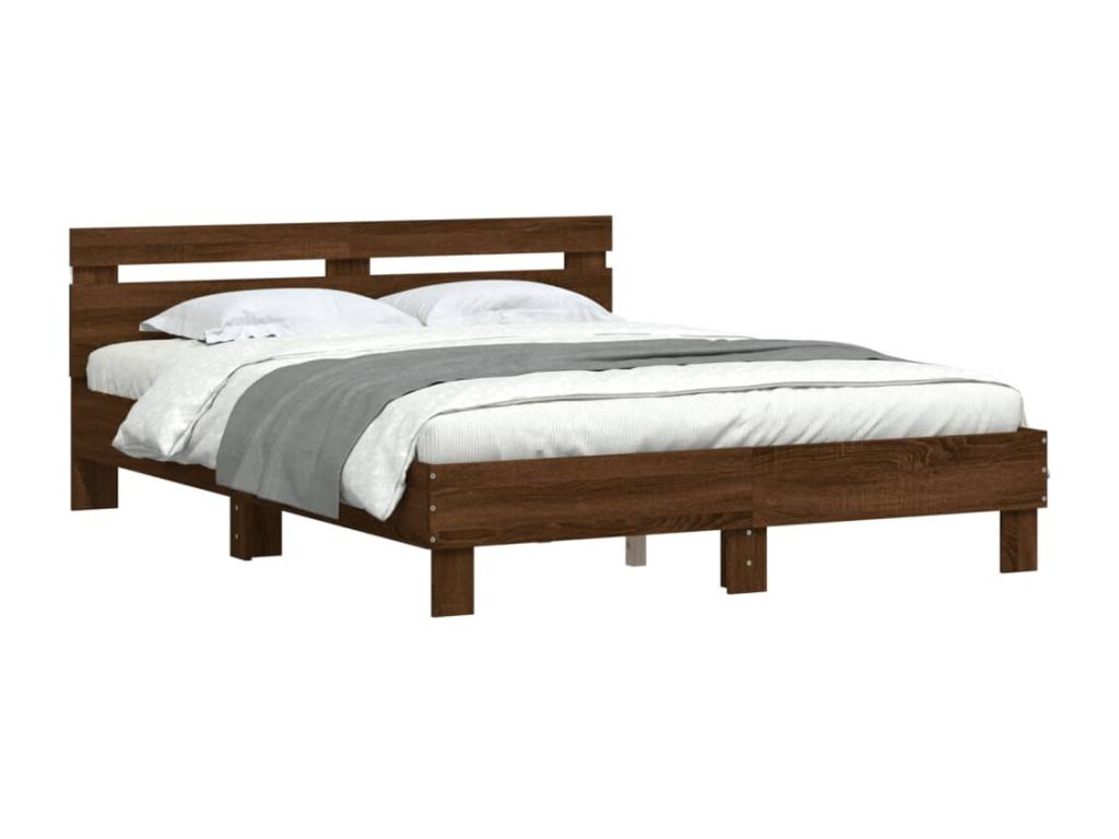 Bed Frame with Headboard with LED - Brown Engineered Wood, W 79.9 x D 57.1 x H 27.6 in