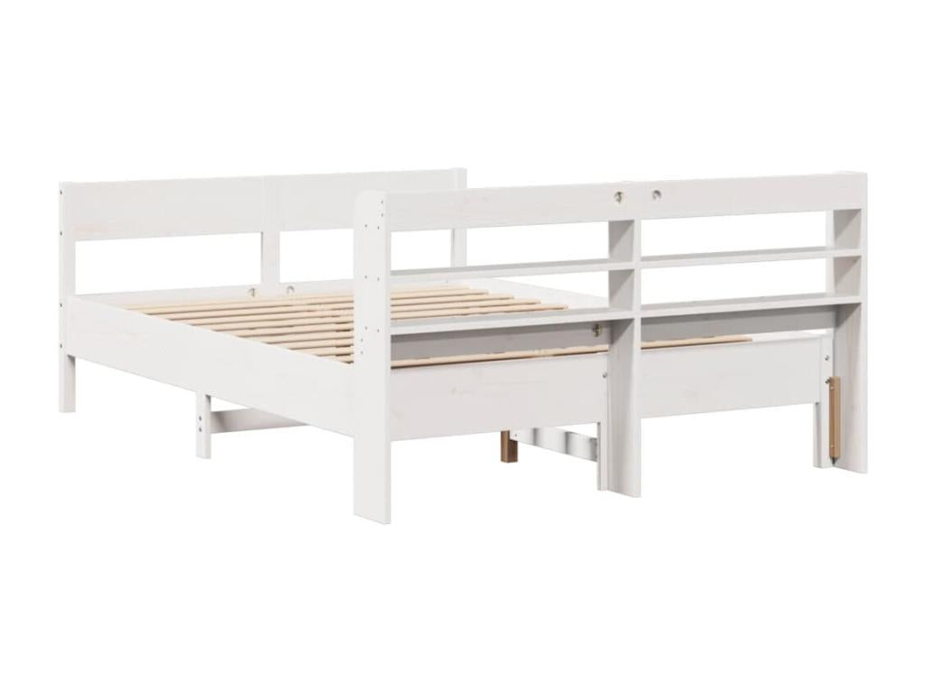 Bed Frame with Mattress - White Wood, W 81.9 x D 59.1 x H 32.3 in