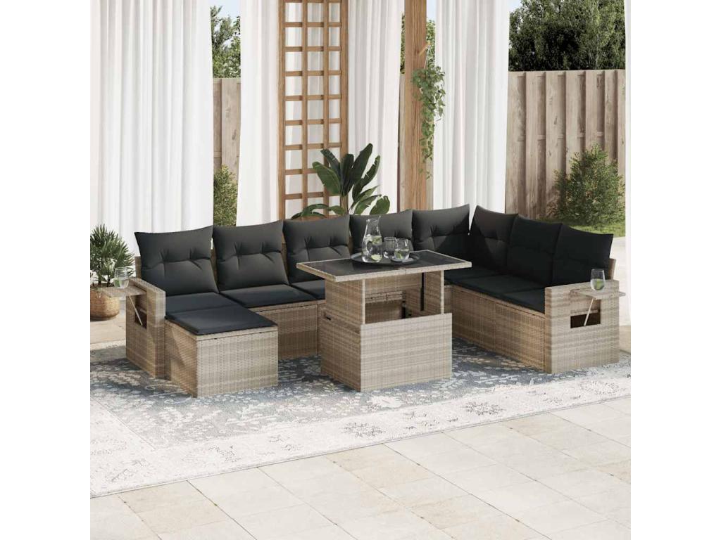 9-Piece Outdoor Patio Set with Cushions - Gray Polyester Fabric, W 39.4 x D 21.7 x H 28.7 in