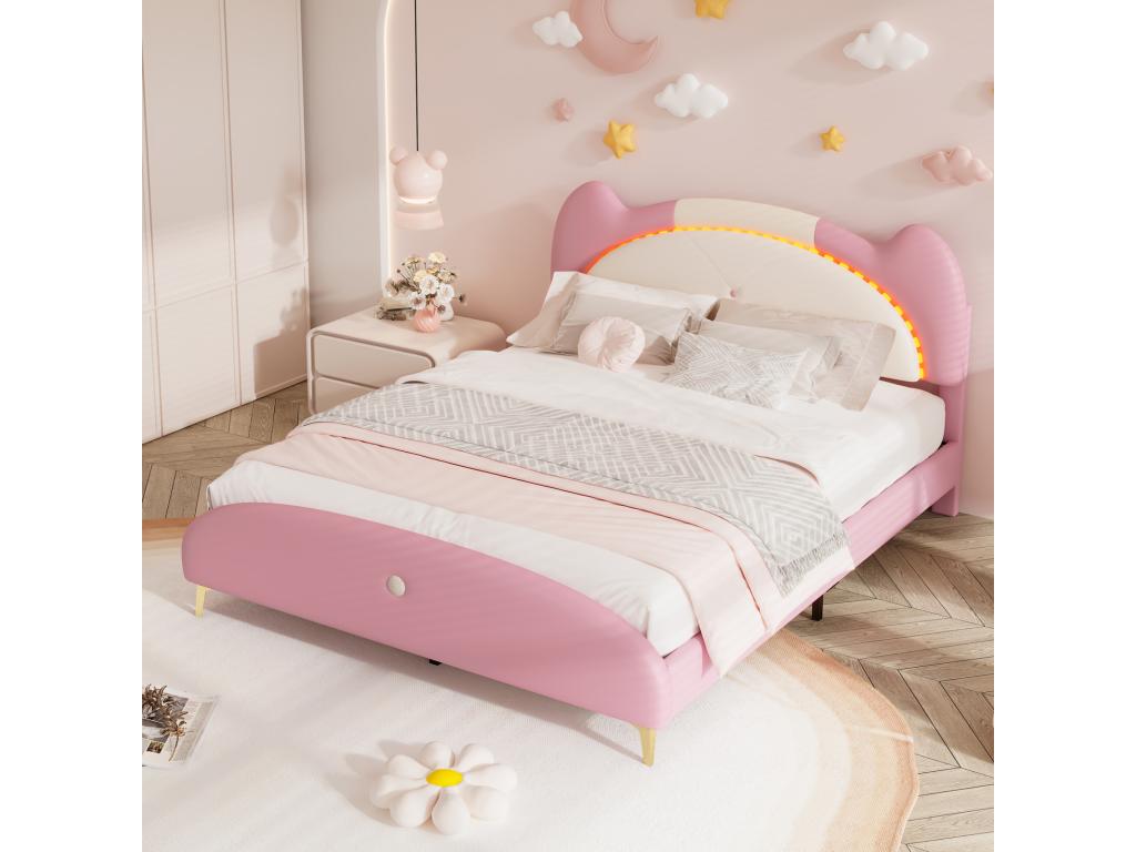 Bed with LED - Pink Leather, W 81.9 x D 59.1 x H 38.2 in