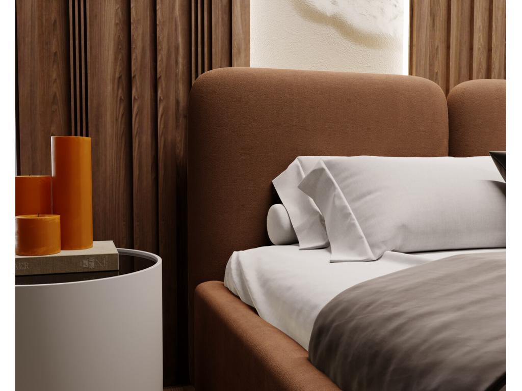 Bed - Brown Polyester Fabric, Solid Wood, Steel, W 90.6 x D 57.1 x H 41.3 in