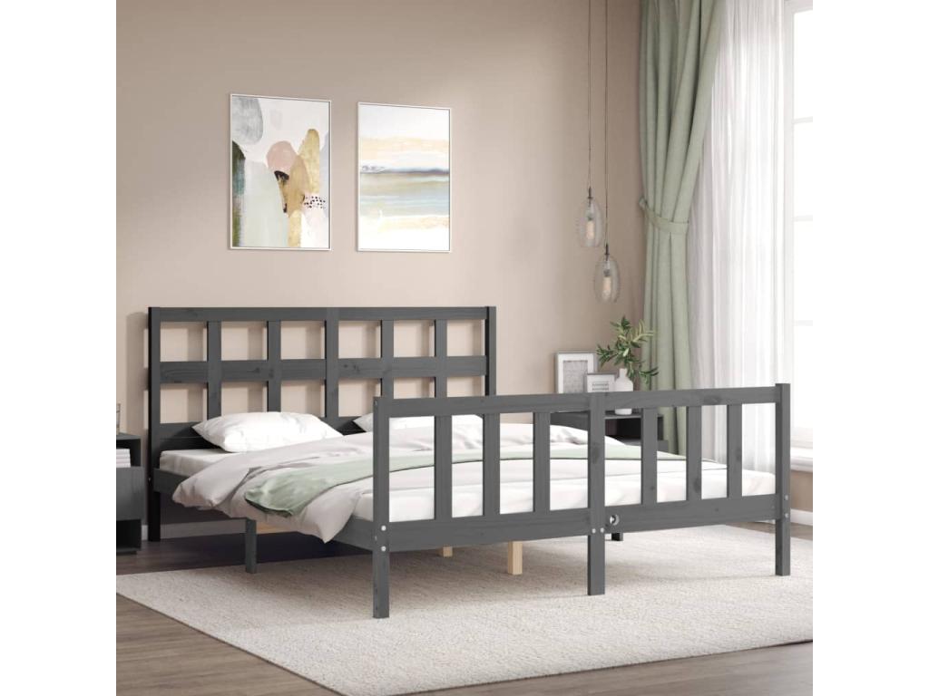 Bed Frame with Headboard - Gray Wood, W 80.9 x D 61.2 x H 39.4 in