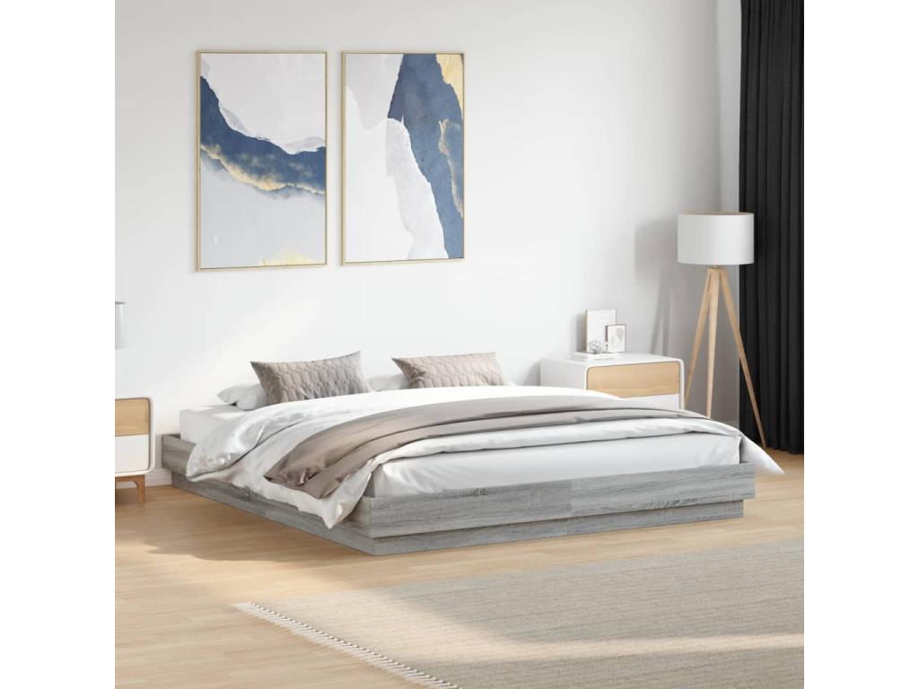 Bed with LED - Gray Wood, W 79.9 x D 72 x H 9.1 in