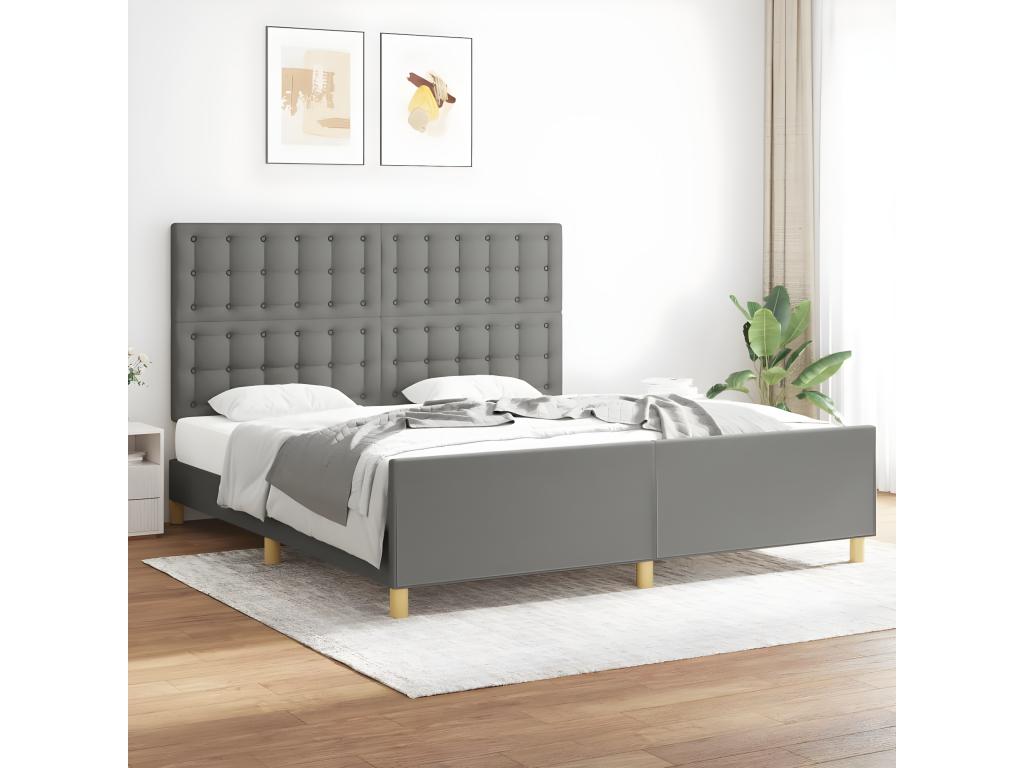 Bed Frame with Headboard - Gray Wood, W 79.9 x D 73.2 x H 50.4 in