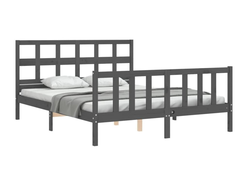 Bed Frame with Headboard - Gray Wood, W 80.9 x D 61.2 x H 39.4 in