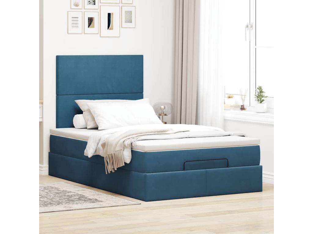 Bed Frame with Mattress - Blue Velvet, W 76 x D 47.2 x H 50.4 in