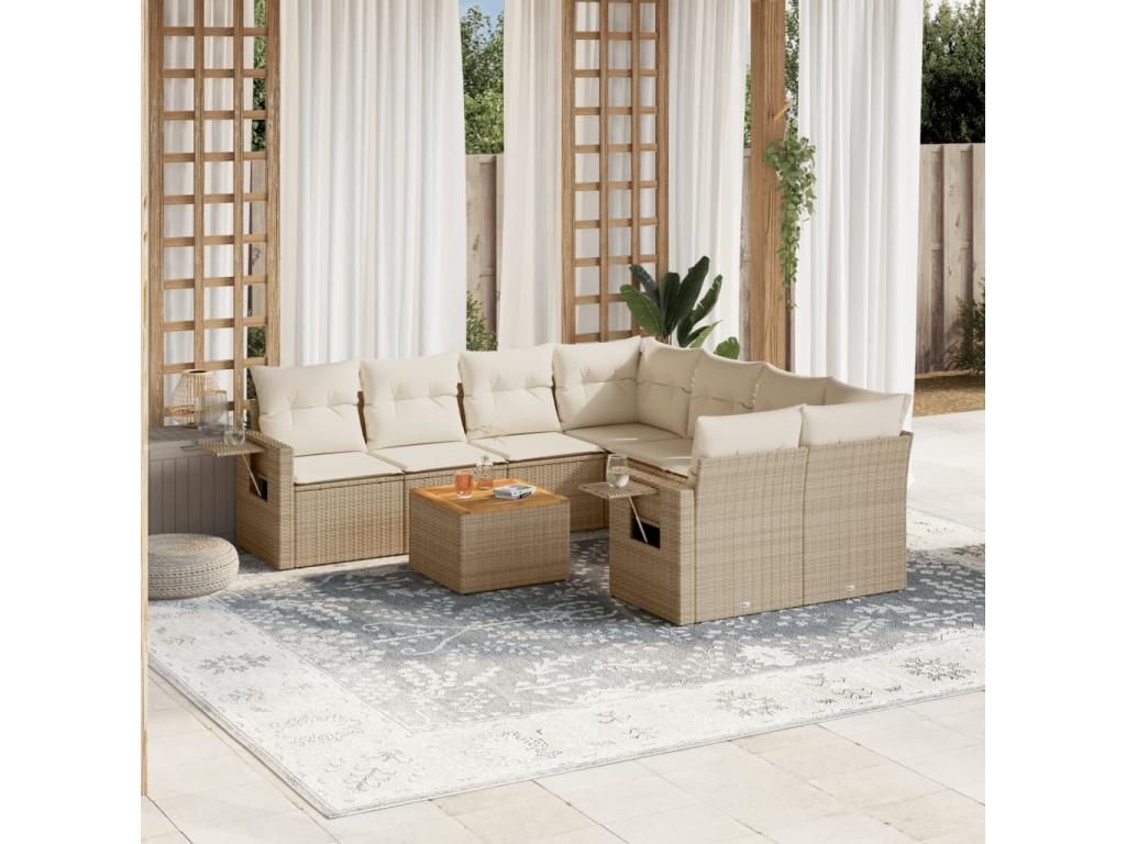 9-Piece Outdoor Patio Set with Cushions - Natural Wood, W 25 x D 28.7 x H 30.7 in