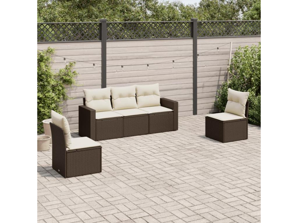 5-Piece Outdoor Patio Set with Cushions - Brown Wood, W 47.2 x D 33.1 x H 27.6 in