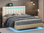 Bed with LED - Beige Linen, W 82.7 x D 59.4 x H 39.4 in