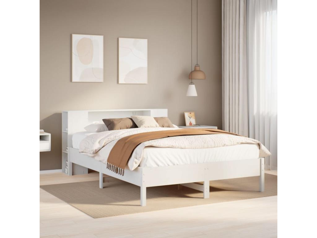 Bed Frame with Mattress - White Wood, W 90.4 x D 61.4 x H 32.3 in