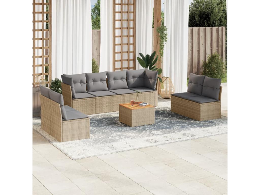 9-Piece Outdoor Patio Set with Cushions - Beige Resin, W 24.4 x D 24.4 x H 27.2 in